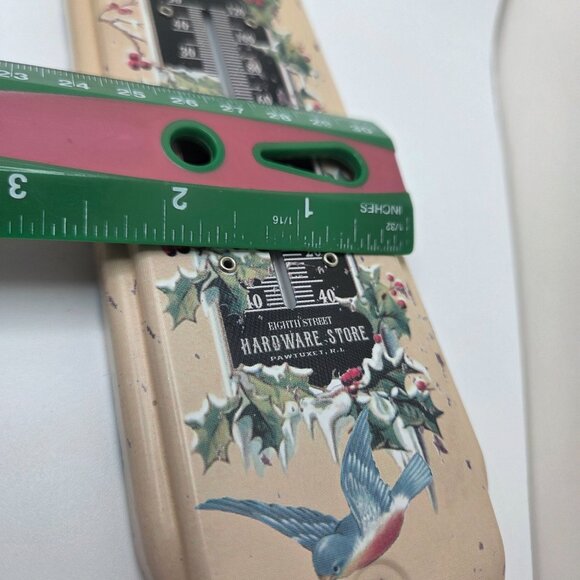 Vintage Rustic Tin Hardware Store Blue Bird Christmas Greetings Thermometer 8" - Picture 7 of 9